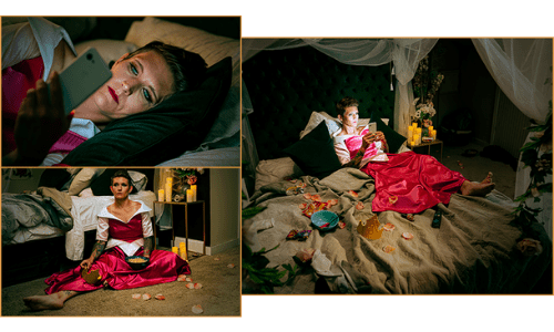 A princess laying in a bed sad and alone