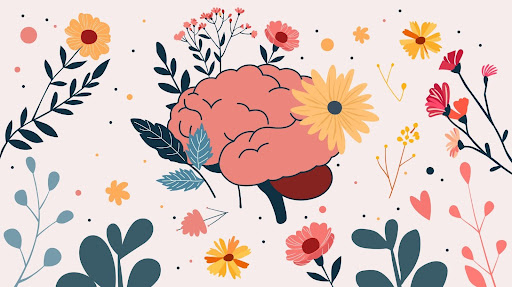 Brain surrounded by an assortment of flowers